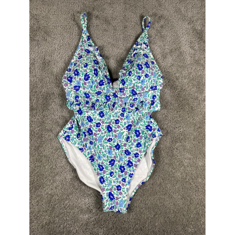 J.Crew Floral Ruffle V-Neck One-Piece Swimsuit Blue Purple Green Size 8